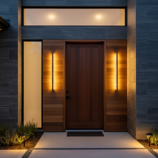Photorealistic modern entrance with LED wall lights