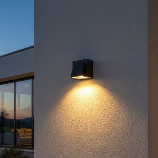 Black LED wall sconce on house exterior