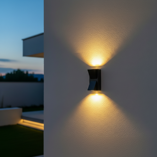 Kinkiet LED Noir na elewacji domu