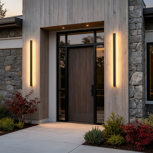 Modern entrance with LED wall lights at twilight