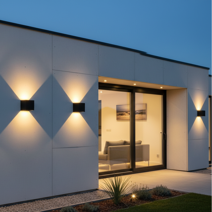 Multiple cube wall lights on house exterior