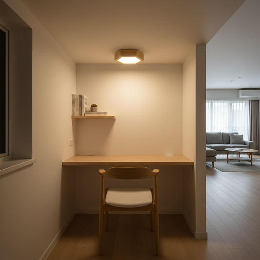 Plafon HexaWood w małym kąciku biurowym